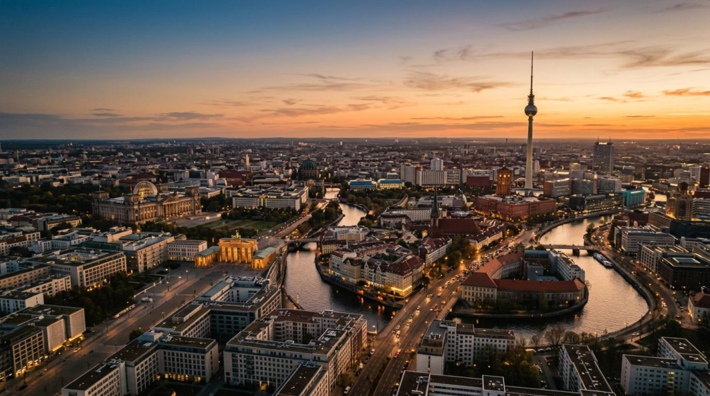 A panoramic view of Berlin's skyline at sunset with historic buildings and the River Spree.