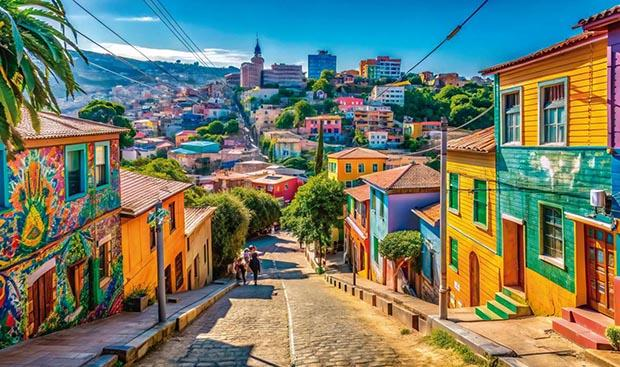 Colorful houses and murals lining a steep street in Valparaíso.