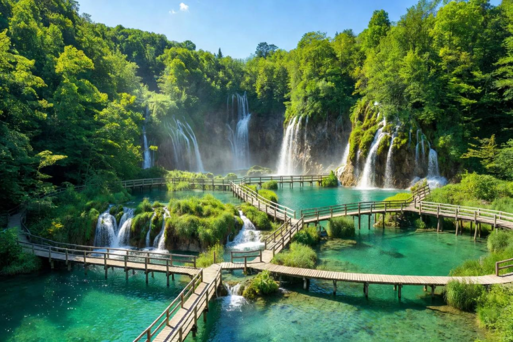 Visitors walking along a wooden boardwalk beside turquoise lakes and cascading waterfalls.