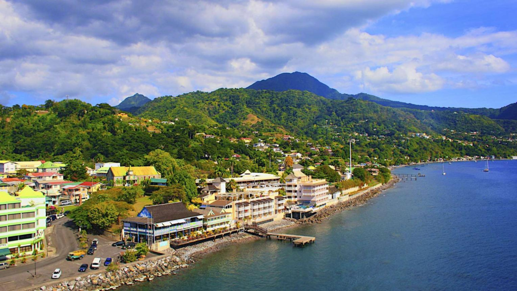 An aerial view of Roseau along Dominica's lush Caribbean coastline with mountains rising behind the city.