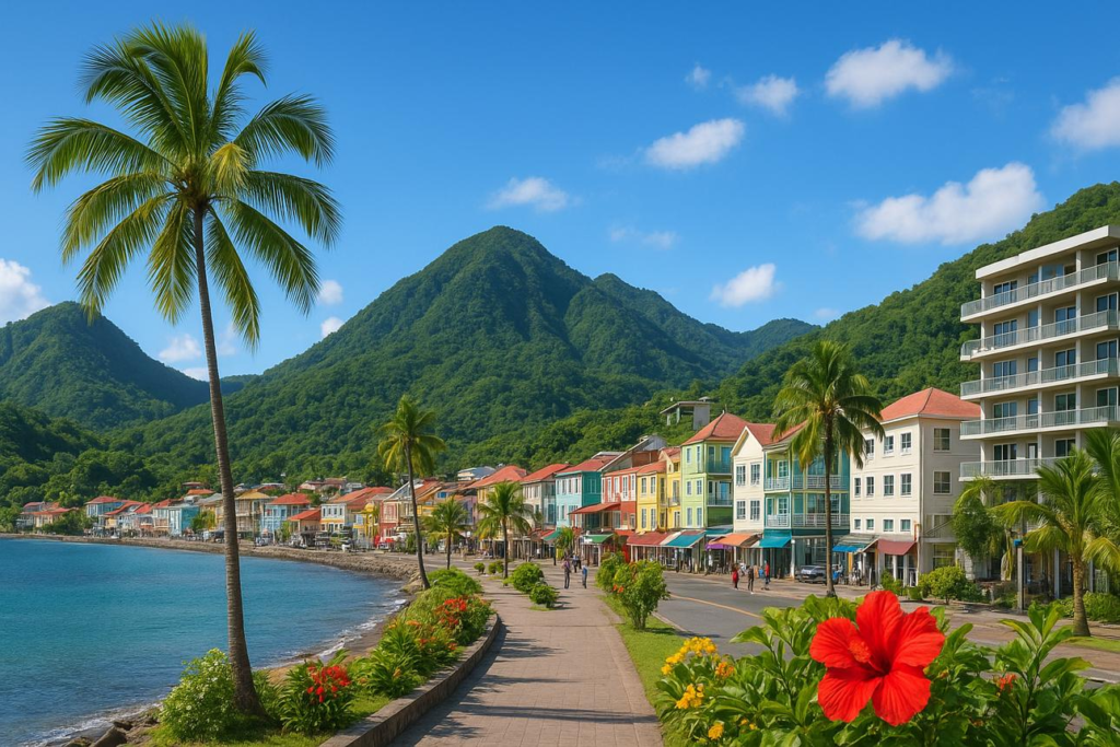 Visitors walking along Roseau's waterfront promenade lined with colorful colonial-style buildings