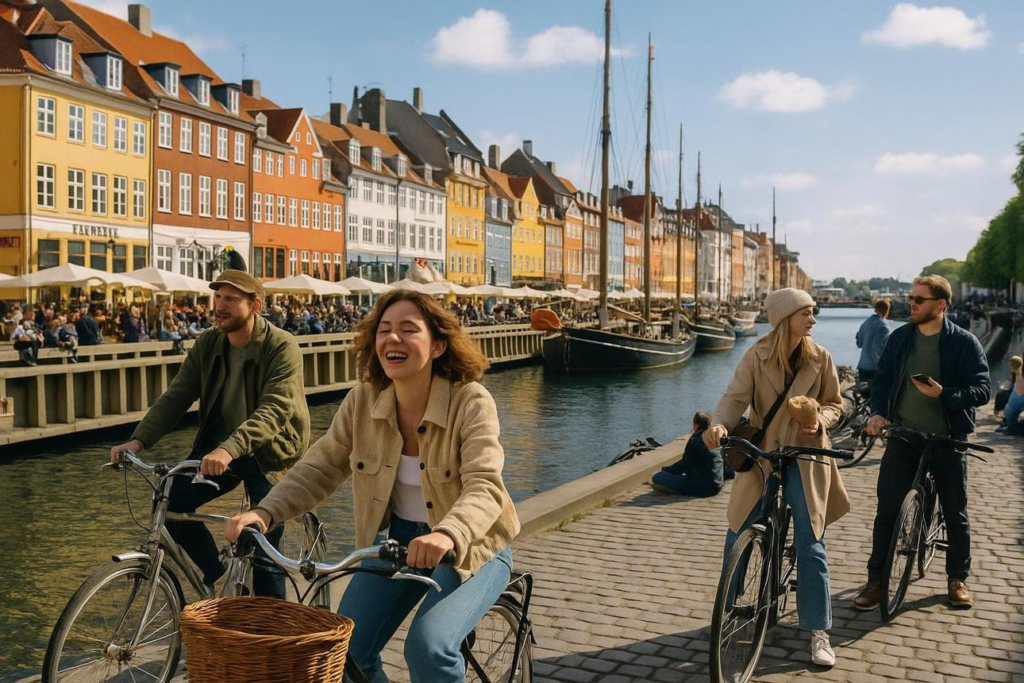 Visitors walking and cycling beside colorful waterfront buildings and outdoor cafés at Nyhavn.