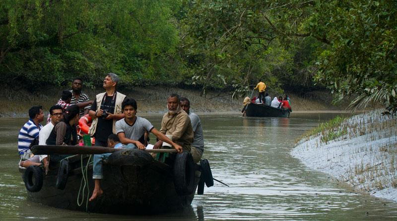 Visitors traveling by boat through the Sundarbans mangrove forest.