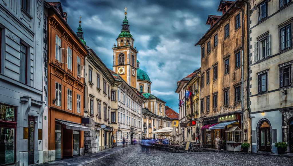 Historic buildings and streets in Ljubljana, Slovenia