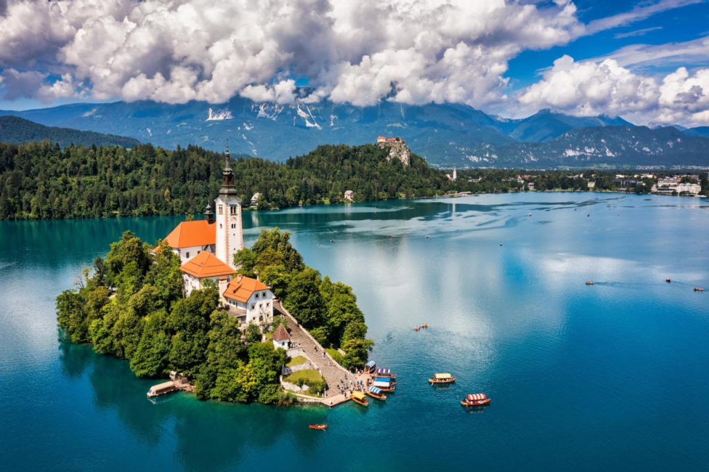 Lake Bled with the island church in Slovenia