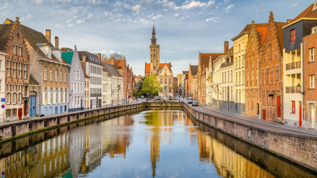 Medieval canals and historic buildings in Bruges, Belgium.