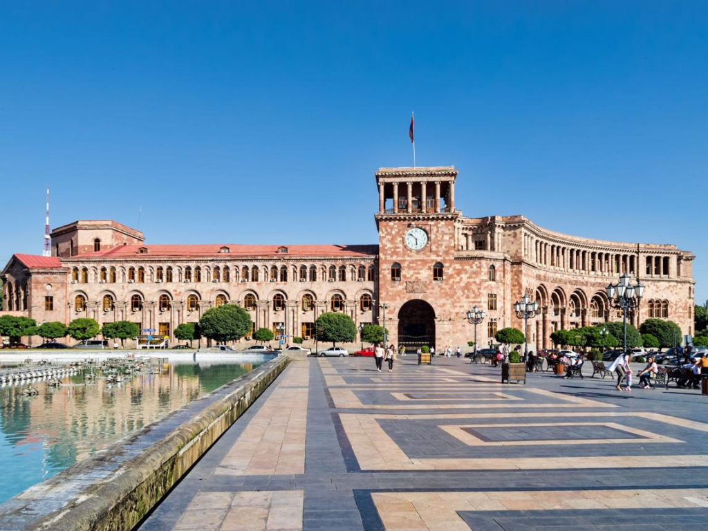 Republic Square in Yerevan, Armenia, with historic government buildings.