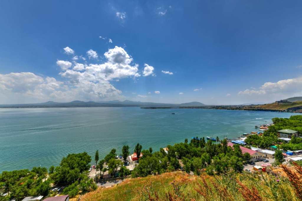 Scenic shoreline of Lake Sevan in Armenia.