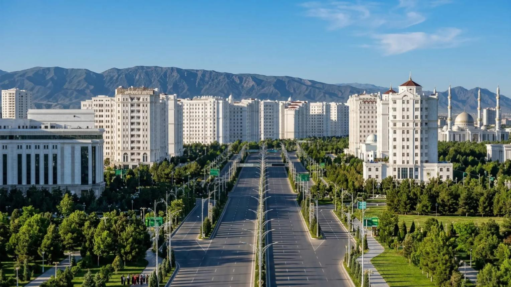 Modern buildings and marble architecture in Ashgabat, Turkmenistan.