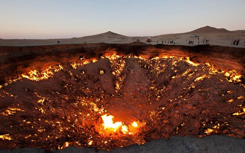 Burning Darvaza Gas Crater in the Karakum Desert, Turkmenistan.