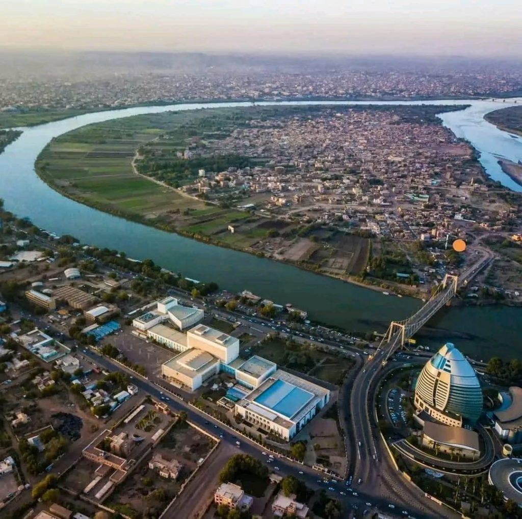The meeting point of the Blue Nile and White Nile in Khartoum, Sudan.