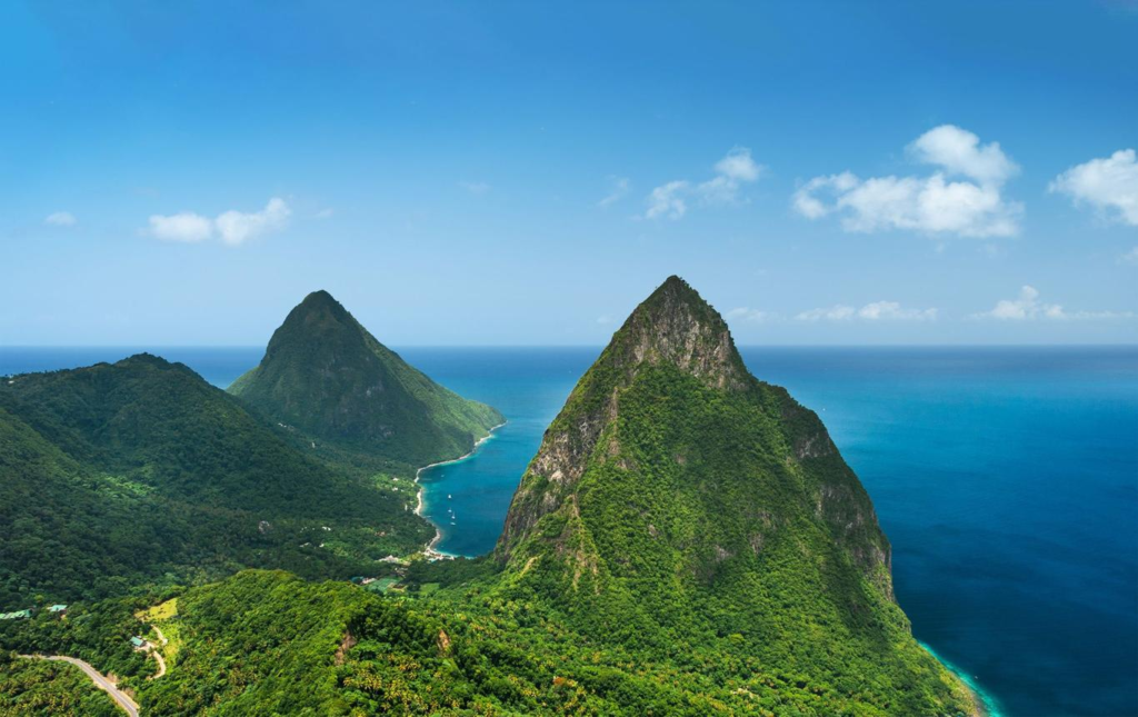 Twin volcanic peaks known as the Pitons in Saint Lucia