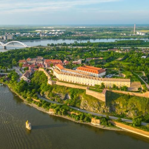 Historic Petrovaradin Fortress overlooking the Danube in Novi Sad, Serbia.