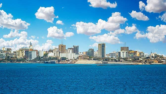 Modern skyline and Atlantic coastline of Dakar, Senegal.