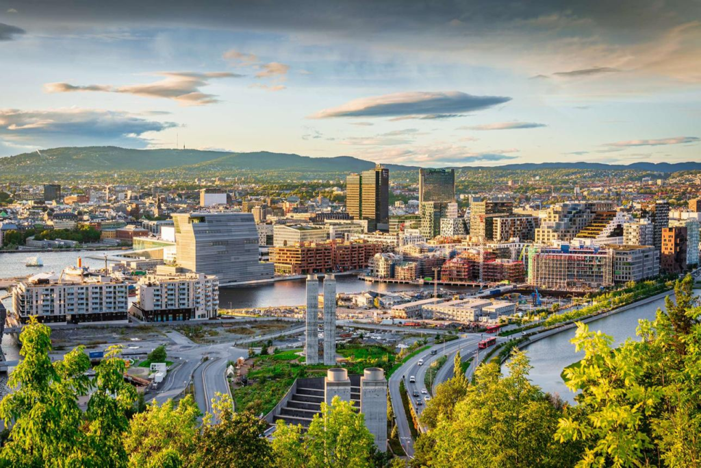 Modern skyline and historic architecture of Oslo, Norway.