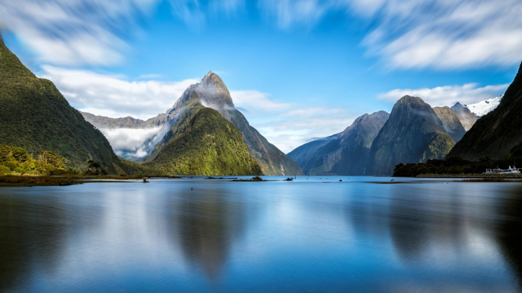 Scenic fiord landscape of Milford Sound, New Zealand.
