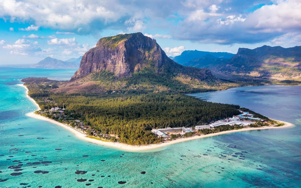 Scenic Le Morne Brabant mountain and coastline, Mauritius.