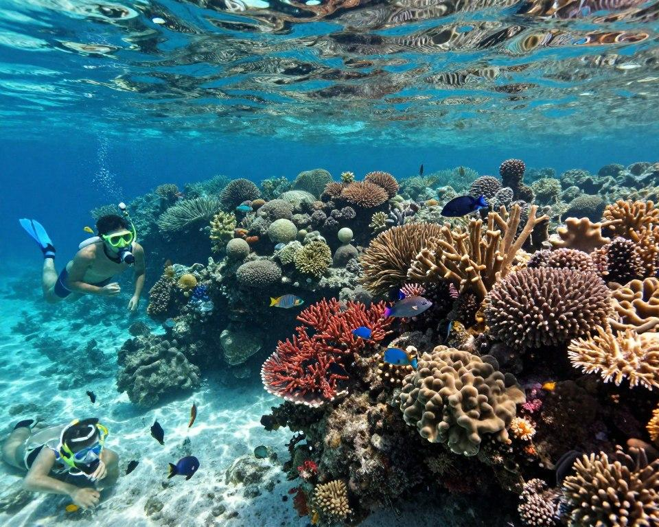Tourists snorkeling near coral reefs in the Maldives.