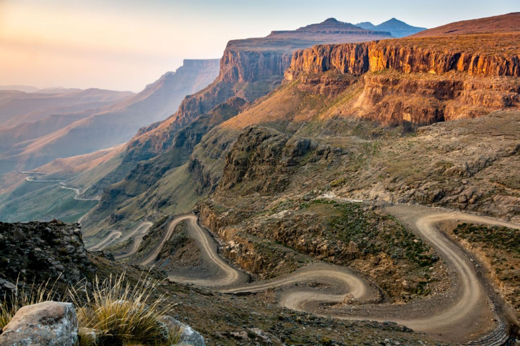 Winding mountain road at Sani Pass between Lesotho and South Africa.