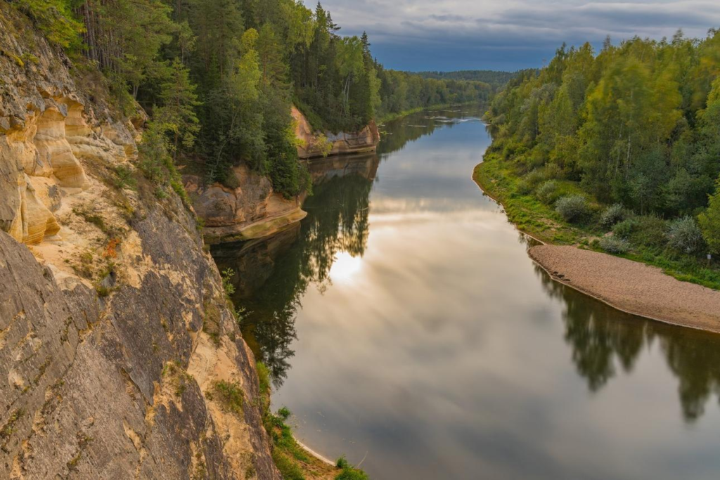 Lush forest and river in Gauja National Park, Latvia.