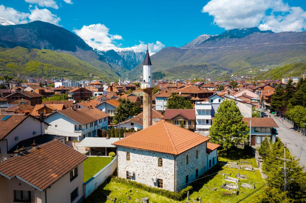 Historic architecture and streets in Pejë, Kosovo.