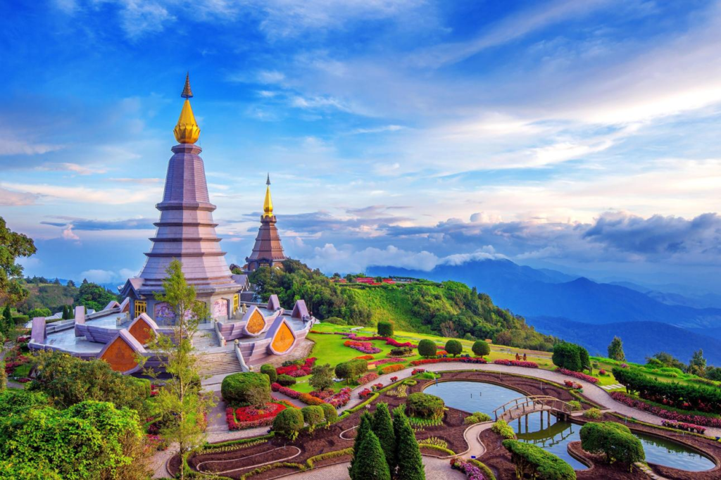 Temple and mountain scenery in Chiang Mai Thailand.