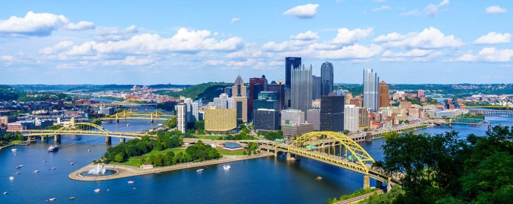 Pittsburgh skyline with rivers and bridges in Pennsylvania USA.
