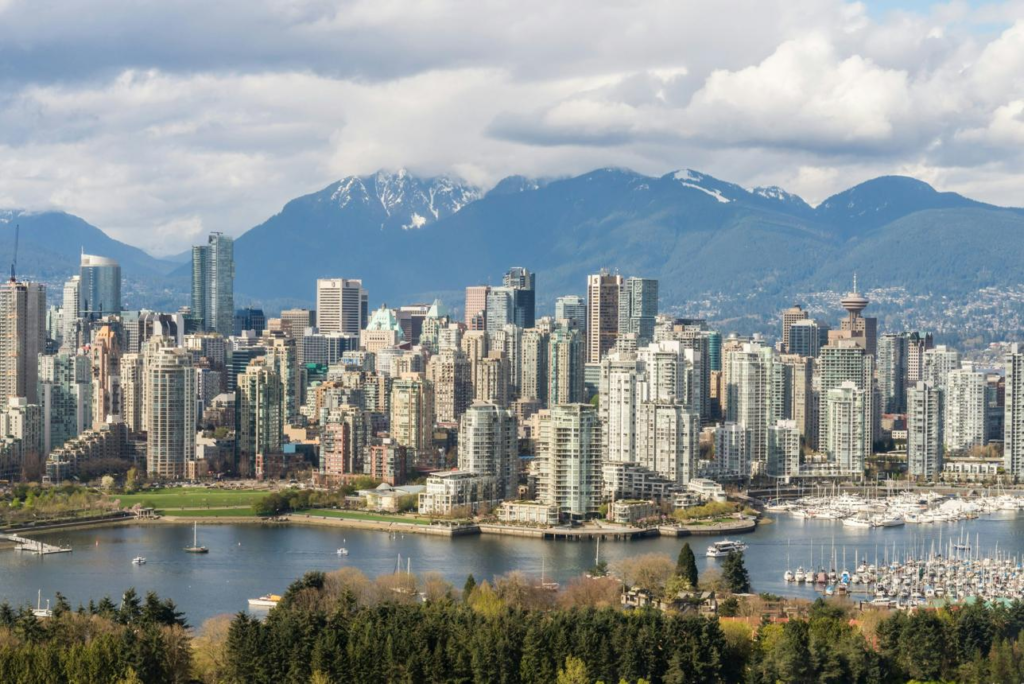 Vancouver skyline with mountains in British Columbia Canada.