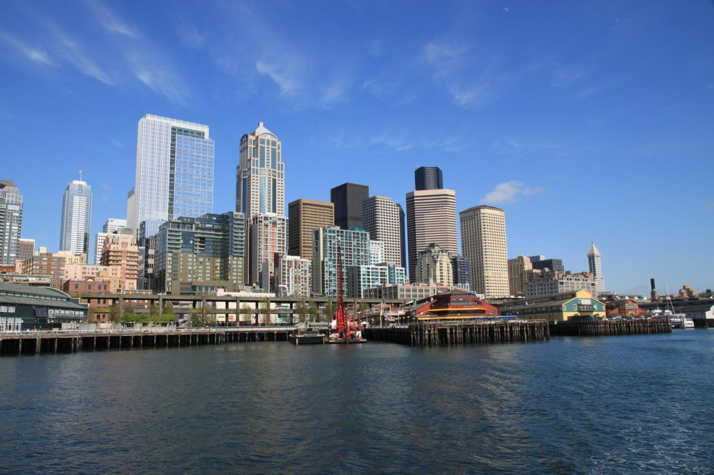 Seattle skyline and waterfront in Washington State USA.