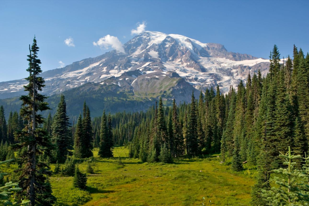 Mount Rainier mountain landscape in Washington State USA.