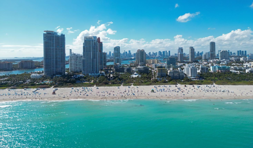 South Beach and Miami skyline in Florida.