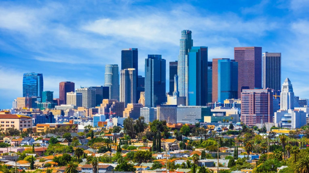 Los Angeles skyline with city buildings in California.