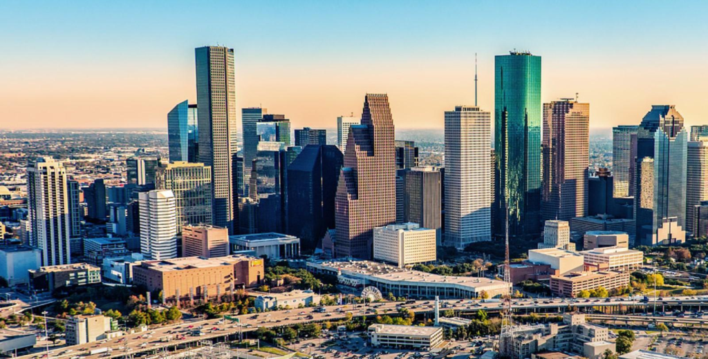 Downtown Houston Texas skyline with skyscrapers.