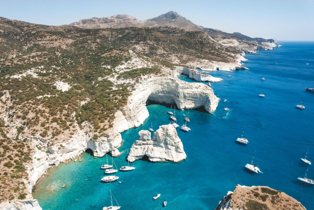 Mediterranean coastline and beaches in Greece.