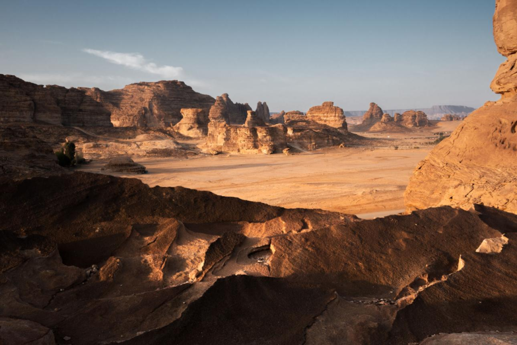 Ancient rock formations and desert landscape in AlUla, Saudi Arabia.