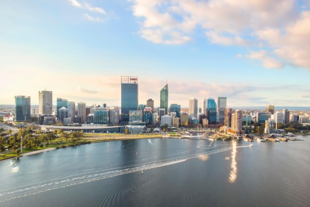 Perth city skyline overlooking the Swan River in Western Australia.