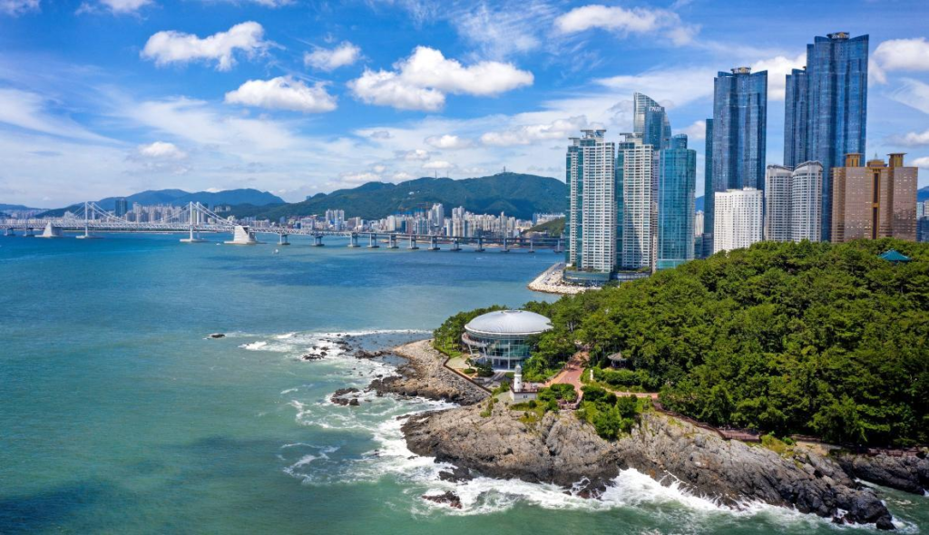 Coastal scenery and beaches in Busan, South Korea.