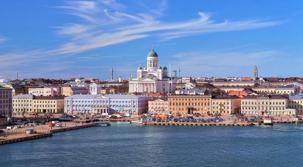 Helsinki skyline and waterfront in Finland.