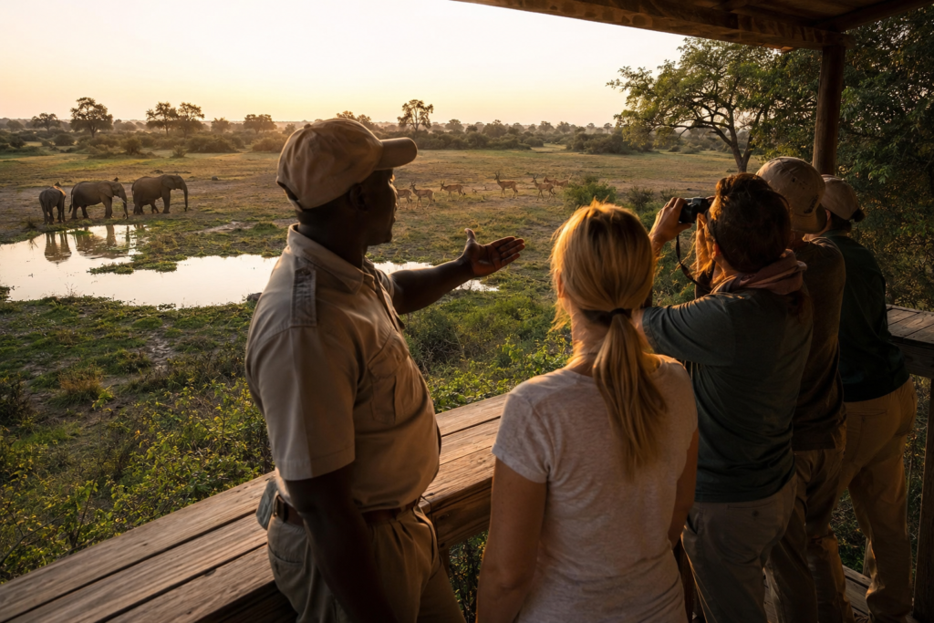 IUCN Red List 2026 Travelers observing wild animals from a safe viewing platform inside a protected national park during a responsible wildlife tourism experience.