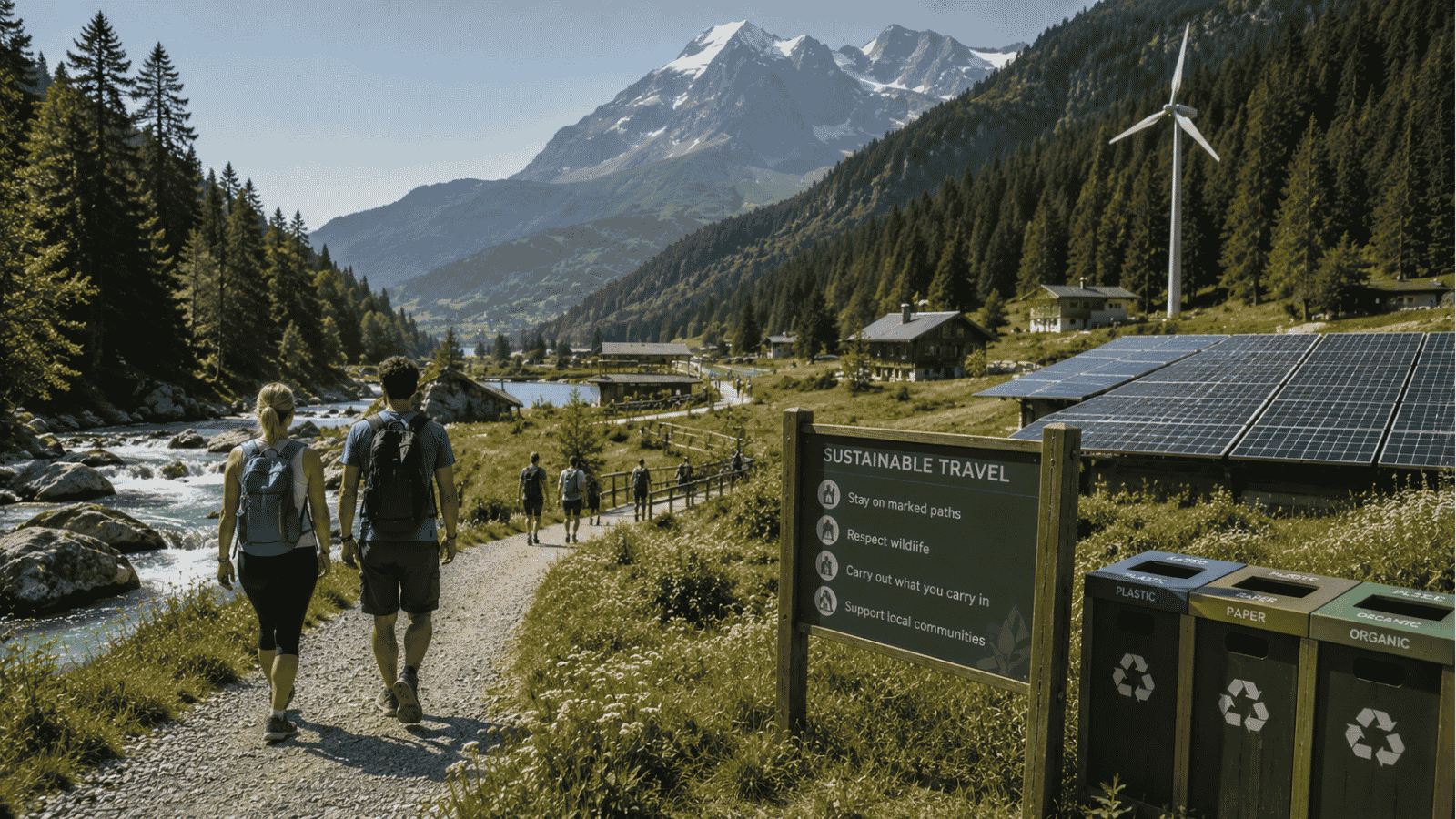 Travellers walking a marked conservation trail, illustrating low-impact and responsible travel styles